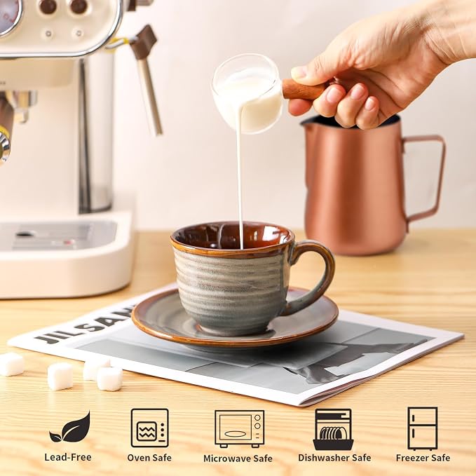 HASENSE Ceramic Tea Cups and Saucers, 8oz Cappuccino Cups Set of 4, Espresso - Image 4