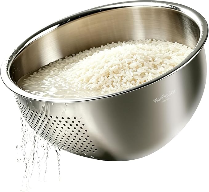 Rice Washer Strainer Bowl, 4 QT Stainless Steel Colander by WanFluvior