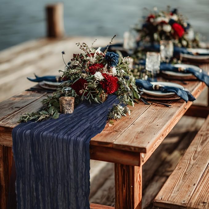 8 Pack Navy Blue Cheesecloth Table Runner 120 Inch Boho Wedding Decor | - Image 7