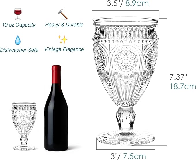 Kingrol Vintage Goblet Glasses Set of 6, 10 oz Heavy-Duty Pressed Glass Water - Image 2