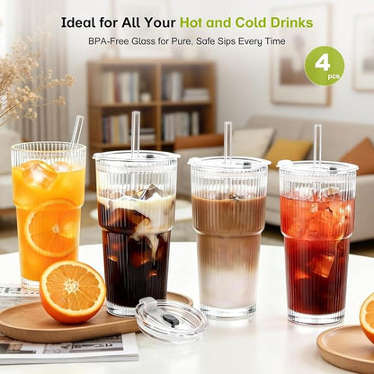 4pcs Ribbed Glass Tumbler with Straw and Lid - 20oz Reusable Iced Coffee Cups - Image 4
