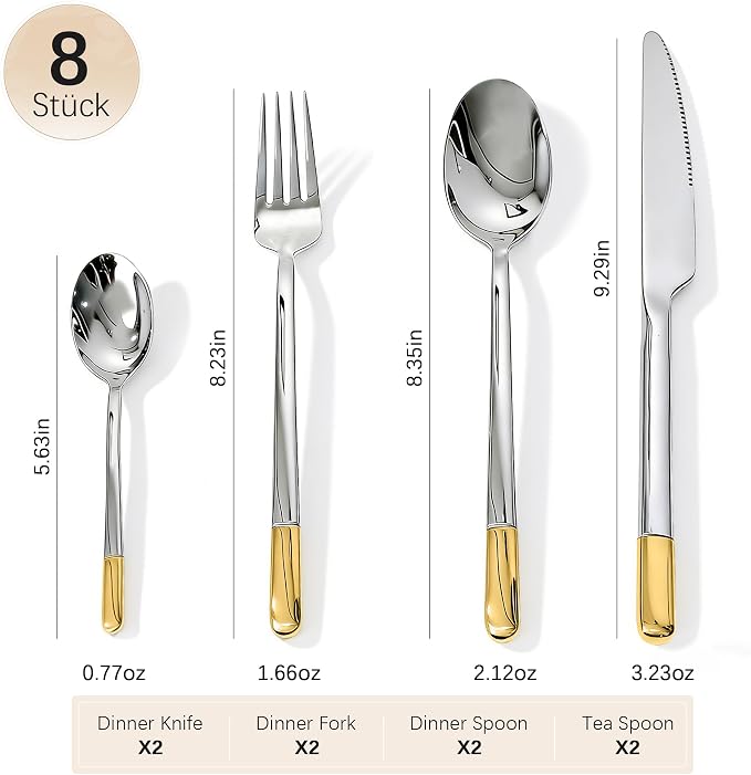 Silverware Set Service for 2, IKXO 8-Piece Modern Stainless Steel Flatware - Image 2