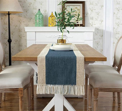 Rustic Table Runner with Fringe 15 x 108 Inches Long Blue | Natural Elegant - Image 2