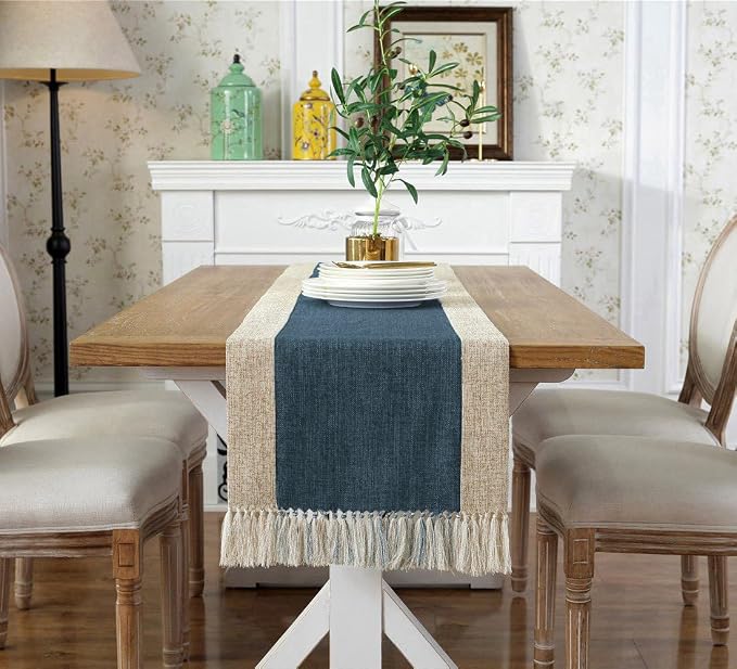 Farmhouse Blue Faux Linen Heavy Dining Table Runner 15 x 71 Inch | Boho Rustic - Image 2