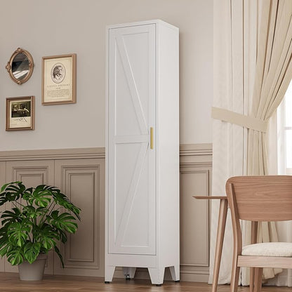 Narrow Metal Cabinet with 4 Adjustable Shelves and Barn Doors,Tall Bathroom Storage Cabinet, Metal Pantry Organizer for Kitchen,Home Office, Dining Room,White