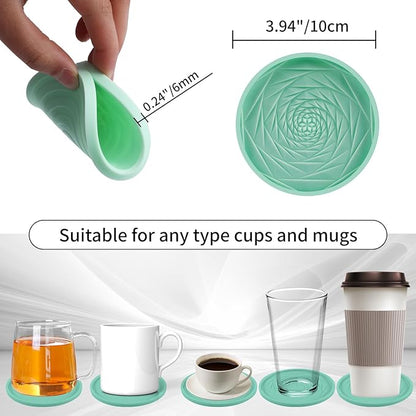 Silicone Coasters Set of 6 with Holder, Unique Rose Petal Design, Drink Coasters for Table Protection, Cup Mat for Hot-Cold Beverages, Modern Non-Slip, Non-Stick Design, Ideal Gift(6 Pack, Mint Green)