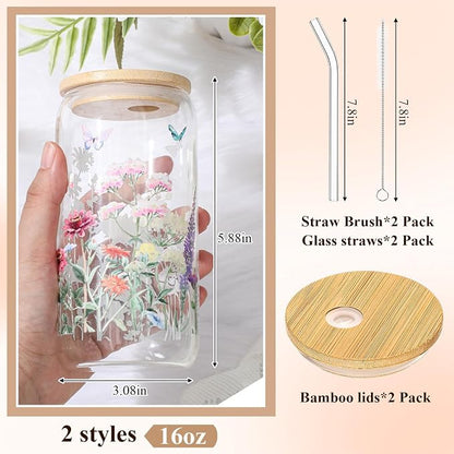 Mumufy 2 Pack Wildflower Glass Cups Gift Aesthetic Cute Glass Cup Tumbler - Image 2