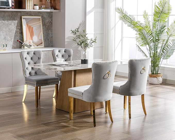 KCC Velvet Dining Chairs Set of 4, Upholstered High-end Tufted Dining Chair with Nailhead Back Ring Pull Trim Stainless Steel Legs, Contemporary Nikki Collection Modern Style for Kitchen, Light Gray