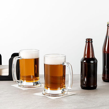 Restaurantware-Vetri 16 Ounce Beer Mugs, 6 Dishwashable Beer Glasses With Handle - No-Lead, Heavy Base, Clear Glass Large Stiens, For Pubs, Bars, Restaurants, Home, Hotel, Or Hosting Parties