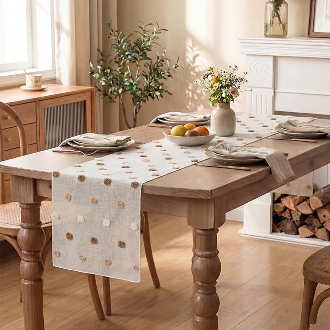 Artoid Mode Beige Coffee Brown Pom Pom Tulle Table Runner, Seasonal Washable - Image 5