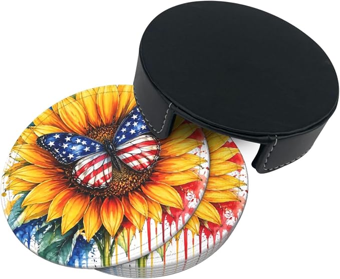 Patriotic Sunflower Butterfly Art Leather Coasters Set of 6 - Image 3