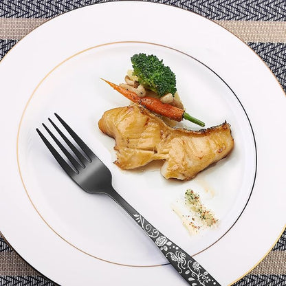 Matte Black Rose Flower Pattern Silverware Set - Image 5