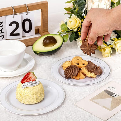bUCLA 200PCS Silver Plastic Plates - 6.25inch White with Silver Trim Disposable Salad/Dessert/Appetizer/Small Cake Plates - Ideal for Wedding & Party