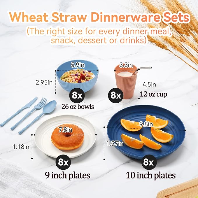 Wheat Straw Dinnerware Sets, 64-Piece Plates and Bowls Sets - Image 2