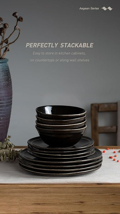 Famiware Aegean Stoneware Dinnerware Set for 8, Plates and Bowls Sets, 24 Pieces Scratch Resistant Dinner Set, Handmade Irregular Round Dishes - Microwave and Dishwasher Safe, Black Coffee