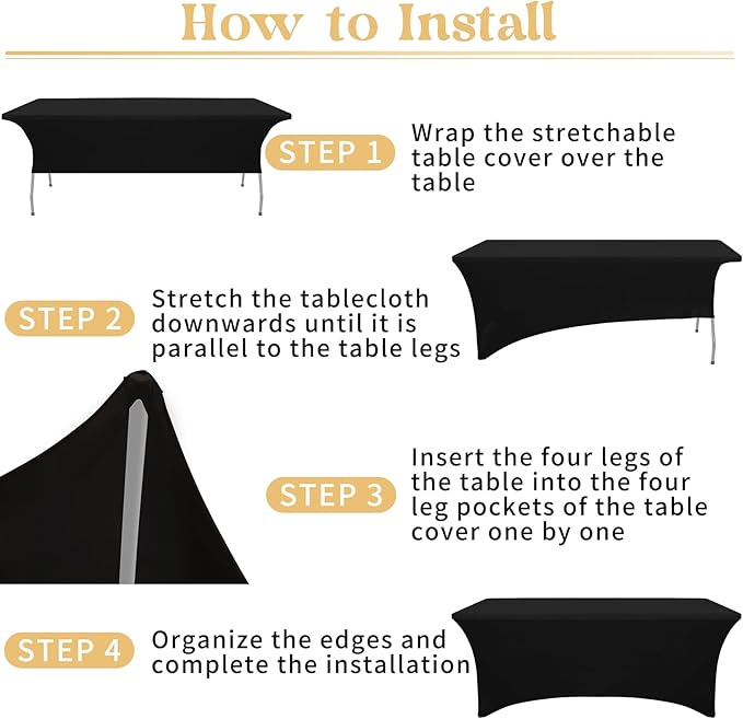 HAISIWLKJ 3 Pack Table Cloth 8ft Black Tablecloths for Rectangle Folding Table Spandex Fitted Stretch Table Cover Wrinkle Resistant Washable Table Protector for Party, Wedding, Banquet, Festival.