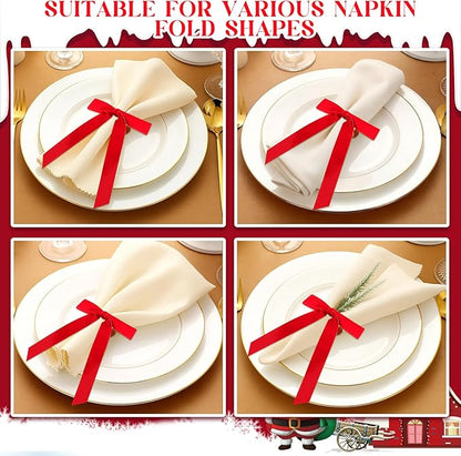 Riceshoot Velvet Bow Napkin Rings Bows with Gold Semicircle Metal Napkin Ring Velvet Bow Holder for Wine Bottles Table Settings Candlestick Wedding Valentine's Day Dinner(Red,6 Pcs)
