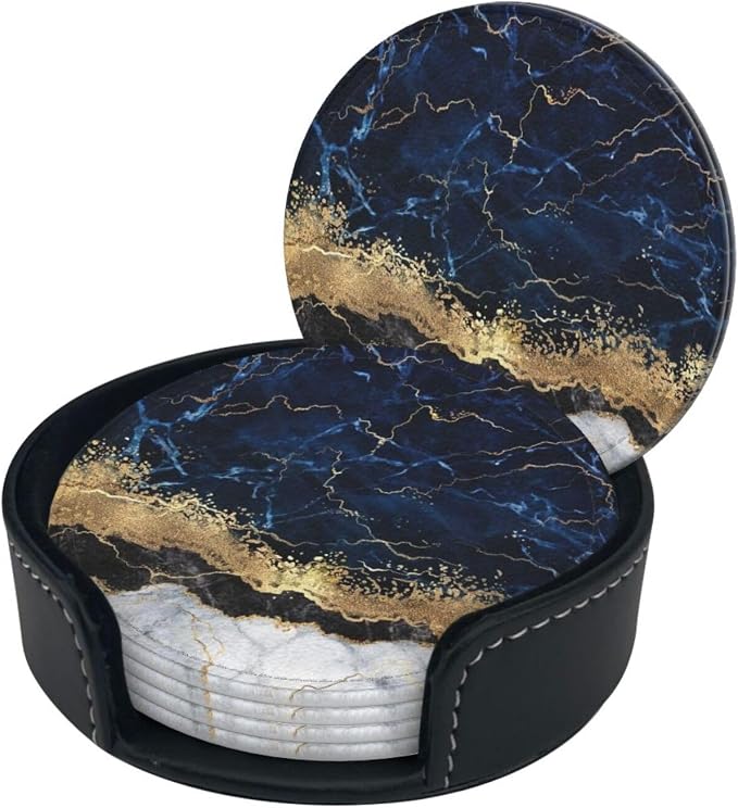 6 Pcs Gold Navy Blue Marble Leather Coasters - Image 3