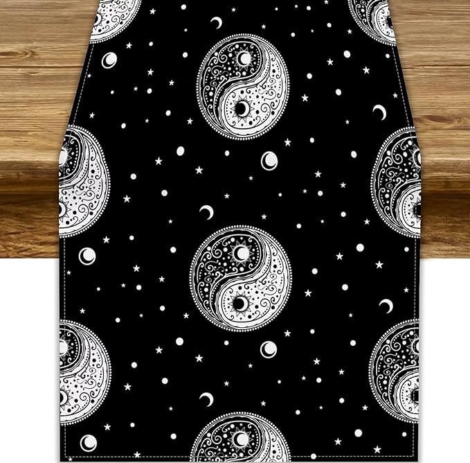 Mystical Celestial Table Runner, Vintage Bohemian Black Yin Yang Symbol Moon by JanJCurt