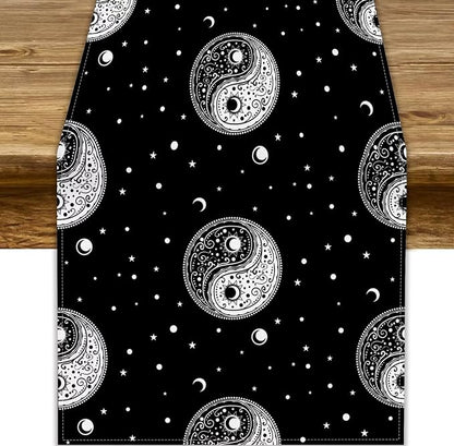 Mystical Celestial Table Runner, Vintage Bohemian Black Yin Yang Symbol Moon by JanJCurt