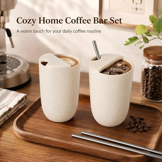 2 Pack Ceramic Coffee Mug with Sip Hole 9.5oz Retro Espresso Cup Travel Mug - Image 6