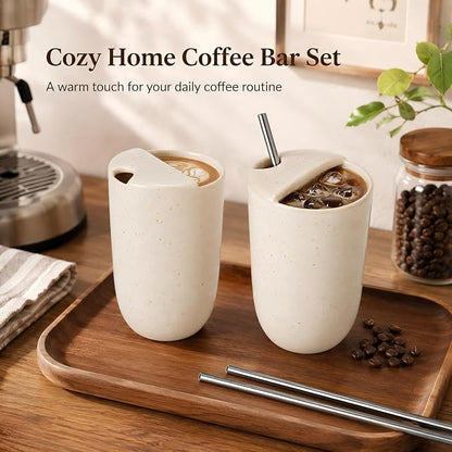 2 Pack Ceramic Coffee Mug with Sip Hole 9.5oz Retro Espresso Cup Travel Mug - Image 6