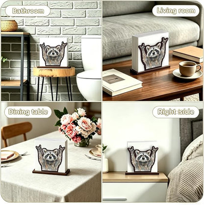 Funny Raccoon Napkin Holder for Table, Cute Raccoon Raising Hands Design Wooden - Image 4