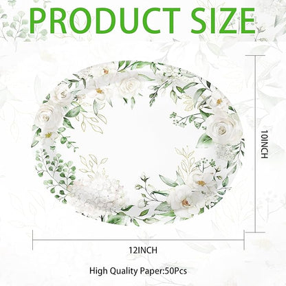 50PCS White Floral Oval Paper Plates 10"X12" Eucalyptus Flower Plates Disposable Heavy Duty Green Leaves White Flowers Tablewre Spring Blossom Flowers Dinnerware for Wedding Birthday Bridal Shower