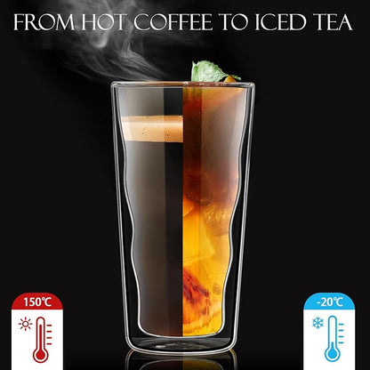 Joeyan Double Wall Glass, 15.2oz Wave Insulated Glass Tumblers Clear Coffee Cups - Image 3