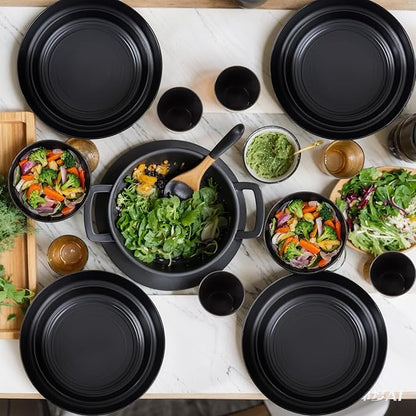 LIYH 16 Pcs Black Wheat Straw Dinnerware Set - Unbreakable Plates and Bowls Sets, Dish Sets for 4, Black Plastic Dinnerware Set Include Wheat Straw Dinner Plates Bowls Cups Kitchen & Camping