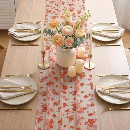 Artoid Mode Caramel Gauze Flocking Flowers Table Runner 10FT, Fall Sheer Dining - Image 3
