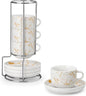 MALACASA 8 OZ Porcelain Espresso Cups with Saucers and Metal Stand Set of 4, Stackable Cappuccino Cups, Marble White Expresso Shots Cup Set for Coffee Drinks, Latte, Tea