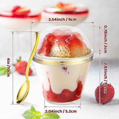 Jinei 50 Sets 9 oz Plastic Dessert Cups with Dome Lids Spoons Gold Rimmed Clear Disposable Plastic Fruit Cups with Lids for Yogurt Parfait Pudding Cupcake Ice Cream Party Wedding Reception