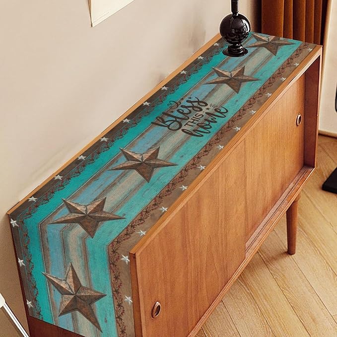 Western Texas Table Runner, Rustic Farmhouse Barn Texas Star Teal Wooden Plank - Image 2
