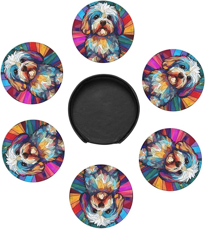 Havanese Stained Dog Breed Glass Art Leather Drinks Coasters - Image 2