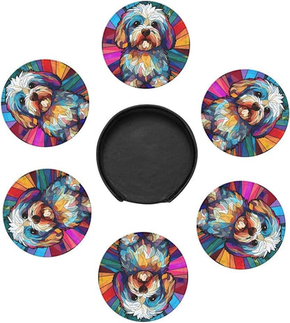 Havanese Stained Dog Breed Glass Art Leather Drinks Coasters - Image 2