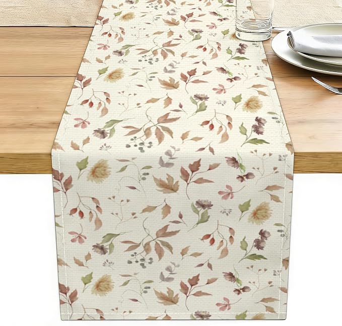 Floral Leaves Flower Table Runner, Wild Flowers and Leaves Seasonal Decor | by Unknown