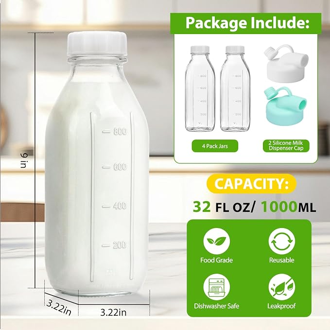 CUCUMI 4 Pack 32 Oz Glass Milk Bottle - Image 3