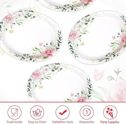 50Pcs Spring Floral Oval Paper Plates 10"x12" Large Disposable Watercolor Eucalyptus Leaf Dinner Platters Heavy Duty Sage Greenery Pink Flower Plates for Summer Baby Shower Bridal Shower Wedding Decor