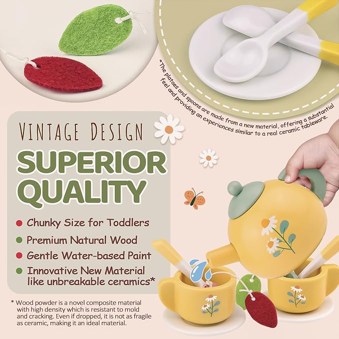 Wooden Tea Sets for Little Girls Play Food Cake Pretend Play Toys | 3-5 Kitchen - Image 2