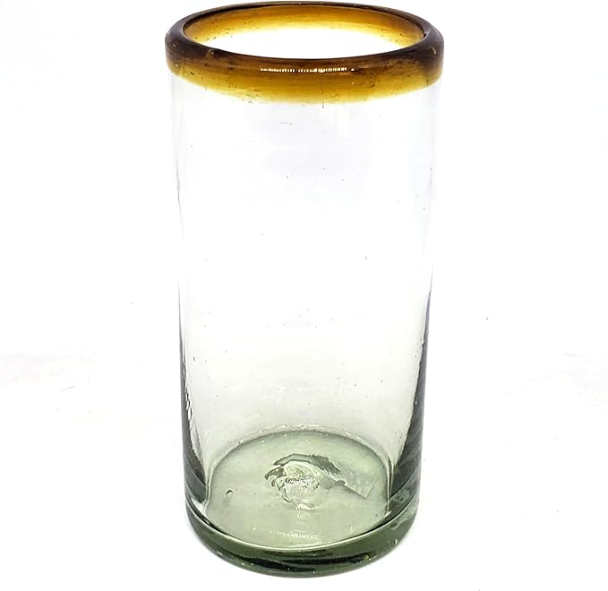 Amber Rim 20 oz Tall Iced Tea Glasses (set of 6) Mexican Handmade Glassware, Recycled Glass, Lead-free, Toxin-Free (Tall Iced Tea)