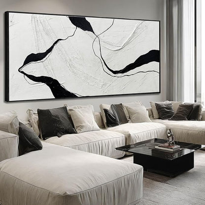 Extra Large Black Line Abstract Hand Painted Canvas Wall Art Gray and Black Minimalist Modern Painting with Framed for Living Room Bedroom Office Wall Decor 40x88 Inch