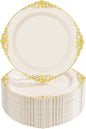 Nervure 100Pcs Ivory Plastic Plates - 7.5inch Ivory and Gold Disposable Plates - Heavyweight Plastic Plate - Dessert Plate for Wedding & Party