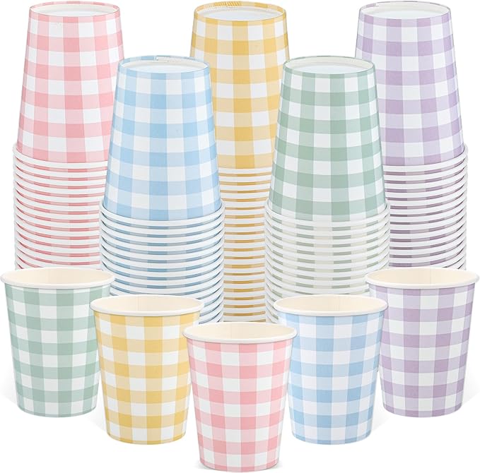 NatNarr 100 Pack Gingham Paper Cups, 9oz Pastel Cups Picnic Paper Cups | Pastel by NatNarr