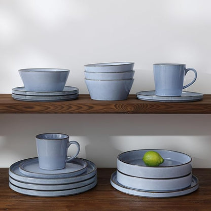Famiware Annecy Dinner Plates and Bowls Sets, Stoneware Dinnerware Sets, Dishes Set for 6, 18 Pieces Handmade Dishware Set - Microwave & Dishwasher Safe, Double Reactive Glaze Tableware, Reactive Blue