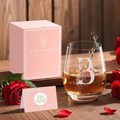 Valentines Day Gifts for Her, Gifts for Women Her Friend Mom Grandma Wife Sister Bridesmaid Nurse, Birthday Galentines Mothers Day Christmas, Personalized Initial Customized Wine Glasses 18OZ(B)