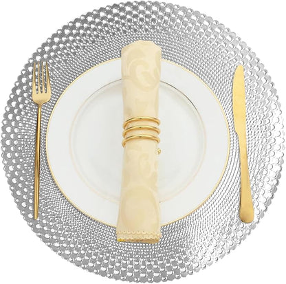Vinyl Round Placemats Set of 4 - Non Slip Place Mats Ideal for Indoor and Outdoor Dining Table - Washable and Heat Resistant Table Mat for Kitchen Tables (Vincent Silver)