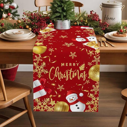 Merry Christmas Table Runner 72 Inches Long, Xmas Balls Snowman Snowflake Table - Image 2