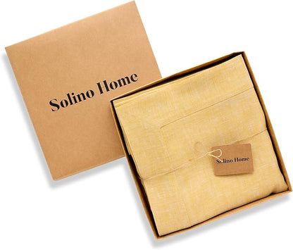 Solino Home Linen Tablecloth 60 x 120 Inch - 100% Pure Linen Chambray Mustard Yellow Table Cloth for Rectangular Tables - Athena, Machine Washable Cloth Tablecloth for Spring, Easter
