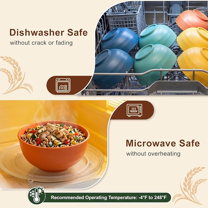 Wheat Straw Bowls 60oz, Unbreakable Ramen Bowl Set of 8, Large Plastic Bowls - Image 4